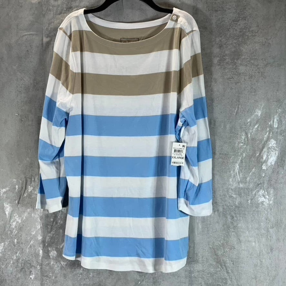 Charter Club Women's Blue Glacier Combo Striped Button-Shoulder Top SZ 2XL
